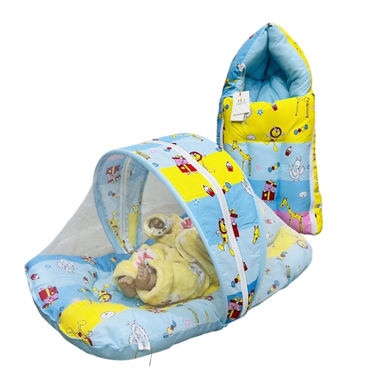 Infantbond Designer Mattress with Net Portable Bed Travel Friendly Infant Comfy Sleep Sleeping Bag for Kids Baby Carry Comfortable Set Age 06 Months Blue Giffi - Image 1