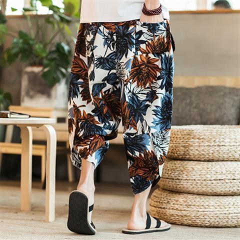 Linen Beach Pants Mens Loose plus size Thai Wide-leg Cropped Pants Casual Chinese Style Cotton and Linen 7-point Harlan Trendy Pants A099 Lotus  - Image 3