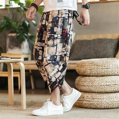 Linen Beach Pants Mens Loose plus size Thai Wide-leg Cropped Pants Casual Chinese Style Cotton and Linen 7-point Harlan Trendy Pants A099 Lotus  - Image 5