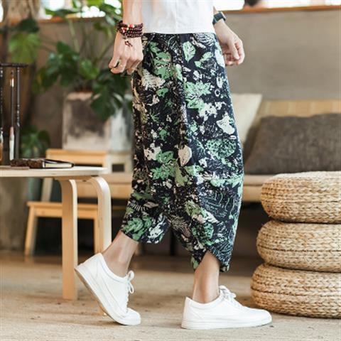 Linen Beach Pants Mens Loose plus size Thai Wide-leg Cropped Pants Casual Chinese Style Cotton and Linen 7-point Harlan Trendy Pants A099 Lotus  - Image 2