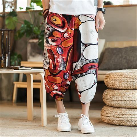 Linen Beach Pants Mens Loose plus size Thai Wide-leg Cropped Pants Casual Chinese Style Cotton and Linen 7-point Harlan Trendy Pants A099 Lotus  - Image 4
