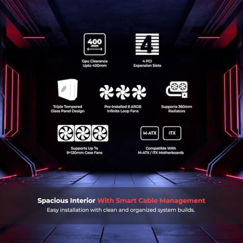 حافظة كمبيوتر الألعاب Prism Neo Triple Glass M-ATX/ITX مع 6 مراوح ARGB، تدعم مبرد سائل مقاس 360 مم، طول VGA يصل إلى 400 مم، USB3.0، 4 فتحات توسيع، حافظة ألعاب بفتحتين SSD - Image 2