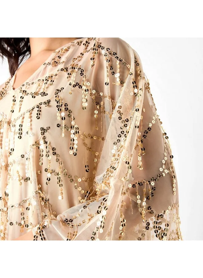 Iconic Iconic All-Over Sequin Embellished Kaftan Dress with Long Sleeves