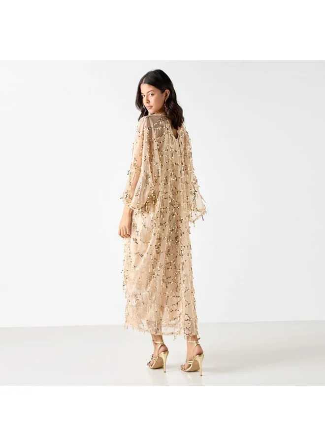 Iconic Iconic All-Over Sequin Embellished Kaftan Dress with Long Sleeves