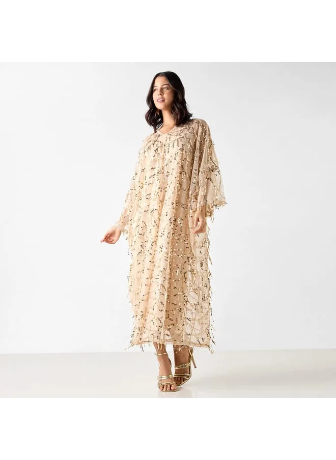 Iconic Iconic All-Over Sequin Embellished Kaftan Dress with Long Sleeves