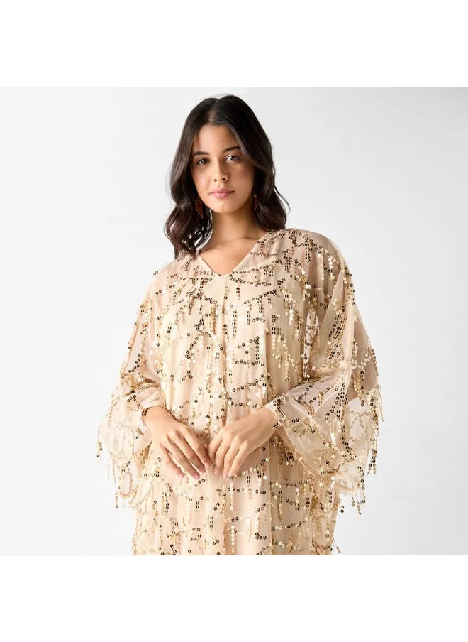 Iconic Iconic All-Over Sequin Embellished Kaftan Dress with Long Sleeves
