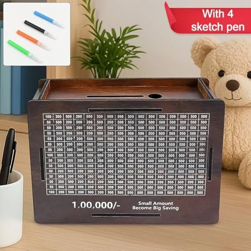Horizonite Wooden Money Saving Box for Kids & Adults | Piggy Bank with Rupee Goal Tracker & DIY Coloring Activity | Includes 4 Sketch Pens | Savings Box for Home Budget Personal Finance & Gifting - Image 4