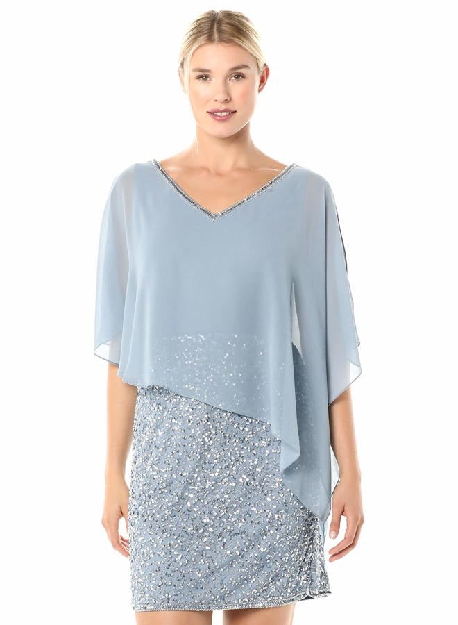 J Kara Women's Caplet Short Cocktail Beaded Dress, Dusty Blue/Blue/Silver, 14 - Image 4
