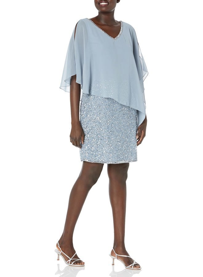 J Kara Women's Caplet Short Cocktail Beaded Dress, Dusty Blue/Blue/Silver, 14 - Image 1
