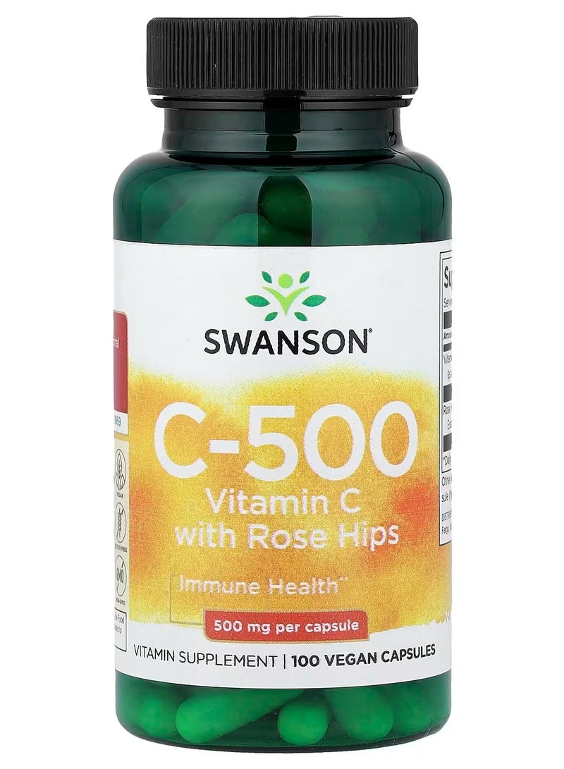 سوانسون، سي-٥٠٠، فيتامين سي مع ثمر الورد، ١٠٠ كبسولة نباتية