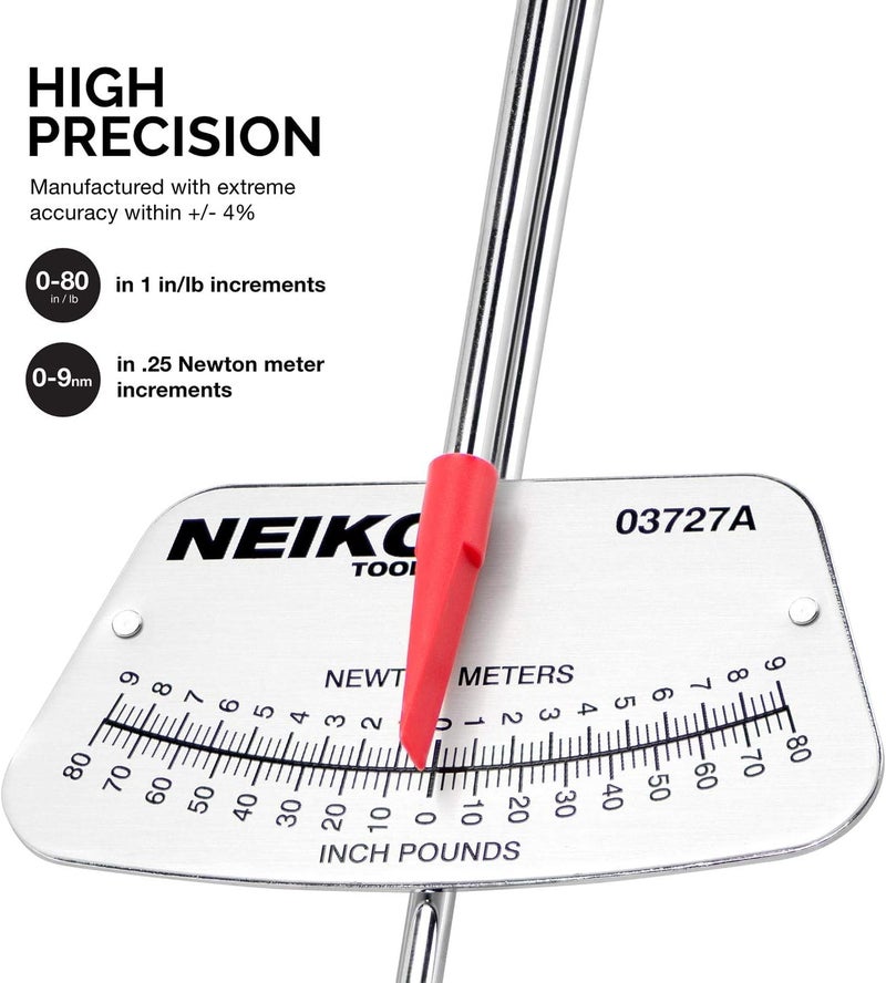 Neiko 03727A 1/4-Inch-Drive Beam Torque Wrench, SAE and MM Bicycle and Automotive Wrench, Reads in 0â€“80 Inches/Pounds and 0â€“9 Newton/Meter Increments - Image 2