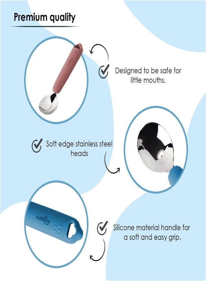 Cubkins Steel Head Set of 2 Spoons for Feeding Babies with Soft Silicone Handle | Non Toxic, Food Safe and BPA Free | Washable and Reusable (Raspberry, Blue Olive) - Image 2