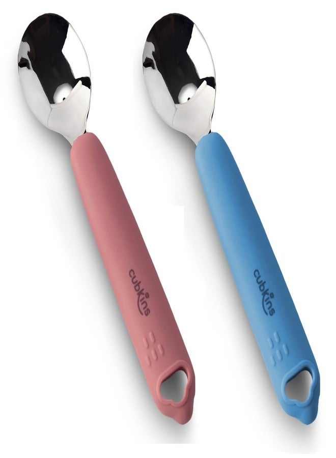 Cubkins Steel Head Set of 2 Spoons for Feeding Babies with Soft Silicone Handle | Non Toxic, Food Safe and BPA Free | Washable and Reusable (Raspberry, Blue Olive) - Image 1