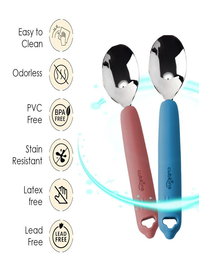 Cubkins Steel Head Set of 2 Spoons for Feeding Babies with Soft Silicone Handle | Non Toxic, Food Safe and BPA Free | Washable and Reusable (Raspberry, Blue Olive) - Image 3