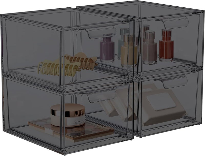 SpaceHacks 4 Pack Stackable Makeup Organizer and Storage, Acrylic Organizersï¼ŒClear Plastic Storage Drawer with Pull-Out Handles for Vanity, Undersink, Kitchen Cabinets, Pantry, Black - Image 1