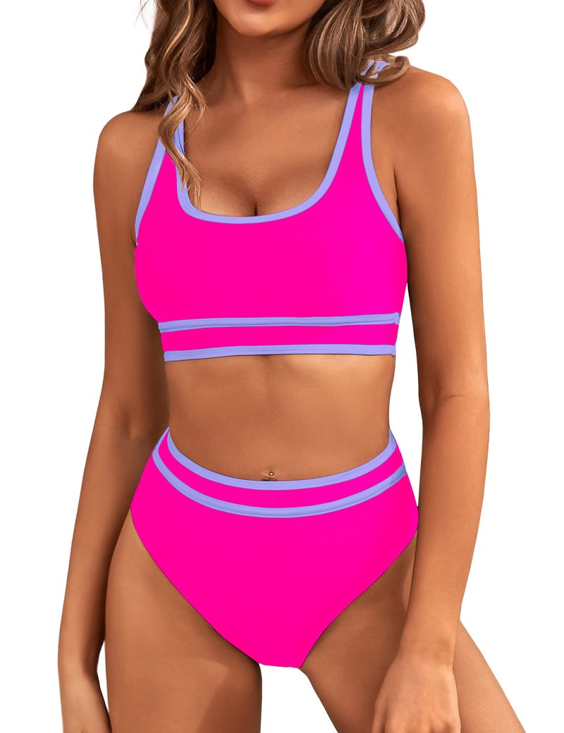 BMJL Women's High Waisted Bikini Sets Sporty Two Piece Swimsuits Color Block Cheeky High Cut Bathing Suits(XL,Hot Pink) - Image 1