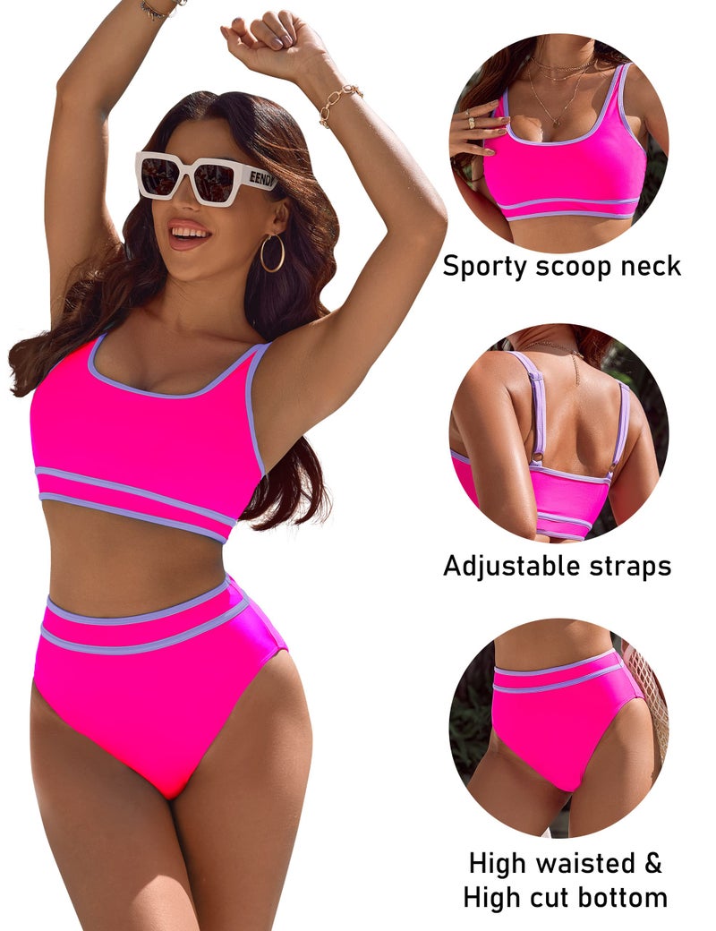 BMJL Women's High Waisted Bikini Sets Sporty Two Piece Swimsuits Color Block Cheeky High Cut Bathing Suits(XL,Hot Pink) - Image 4