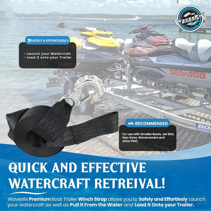 WavesRx 2"x12' Jet Ski Trailer Winch Strap with Stainless Steel Hook & Quick Connect Bow Tow Loop | PWC Winch Strap with SS 316 Hook for Safe Retrieval, Launching & Transporting of Personal Watercraft - Image 4