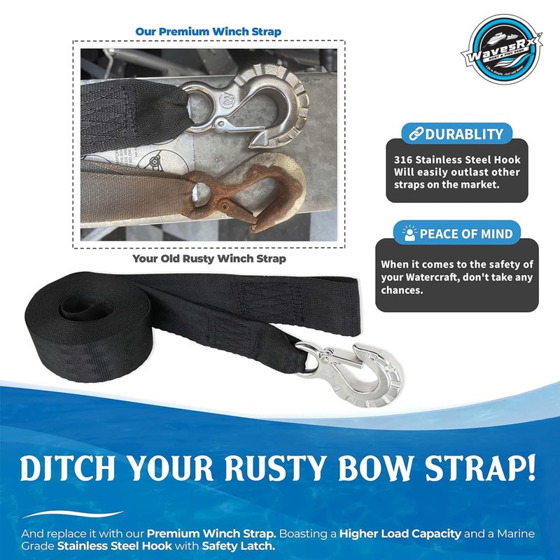 WavesRx 2"x12' Jet Ski Trailer Winch Strap with Stainless Steel Hook & Quick Connect Bow Tow Loop | PWC Winch Strap with SS 316 Hook for Safe Retrieval, Launching & Transporting of Personal Watercraft - Image 2
