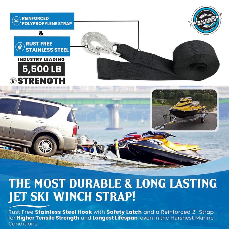 WavesRx 2"x12' Jet Ski Trailer Winch Strap with Stainless Steel Hook & Quick Connect Bow Tow Loop | PWC Winch Strap with SS 316 Hook for Safe Retrieval, Launching & Transporting of Personal Watercraft - Image 3