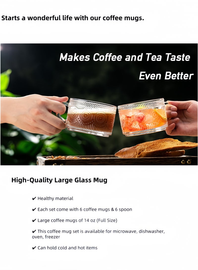nihao Vintage Coffee Mugs Set of 6, 14 oz Glass Coffee Tea Cups with Handle, Clear Embossed Glassware with 6 Spoons, Glass Mugs, Glass Coffee Cups for Cappuccino, Latte, Cereal, Yogurt, Milk - Image 4