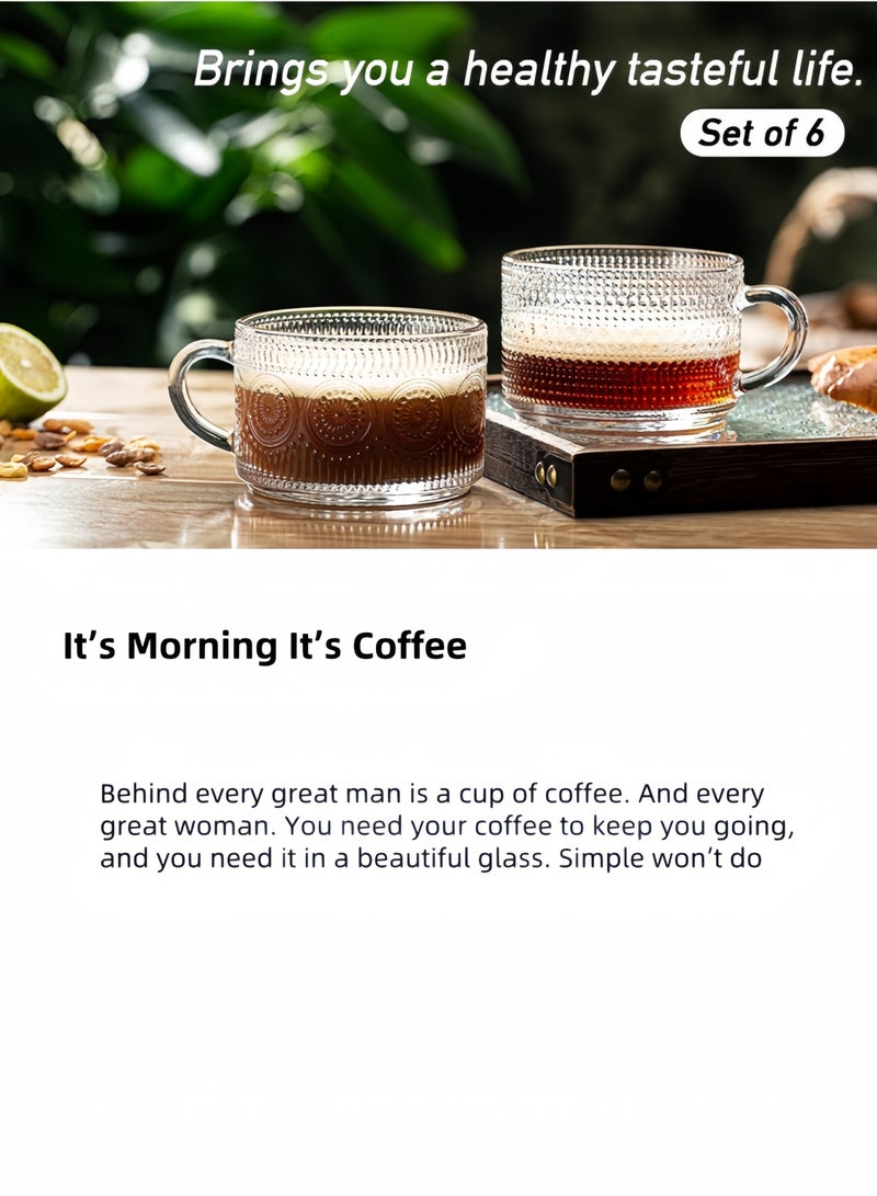 nihao Vintage Coffee Mugs Set of 6, 14 oz Glass Coffee Tea Cups with Handle, Clear Embossed Glassware with 6 Spoons, Glass Mugs, Glass Coffee Cups for Cappuccino, Latte, Cereal, Yogurt, Milk - Image 3