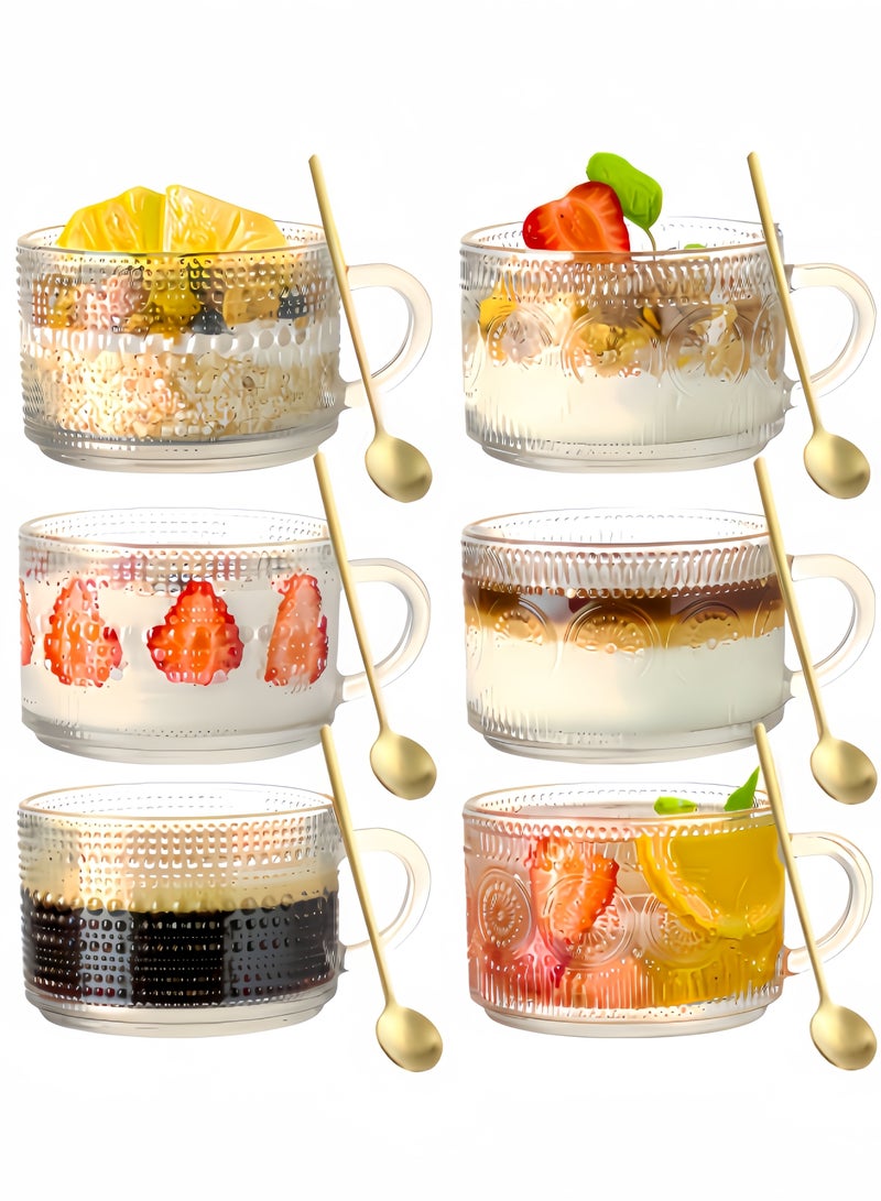 nihao Vintage Coffee Mugs Set of 6, 14 oz Glass Coffee Tea Cups with Handle, Clear Embossed Glassware with 6 Spoons, Glass Mugs, Glass Coffee Cups for Cappuccino, Latte, Cereal, Yogurt, Milk - Image 1