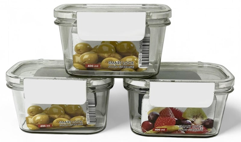 فينيكس حافظة طعام ثلاجة اكريليك، طقم علب طعام مكون من 3 قطع بقفل محكم - جوانب سيليكون شفافة 3 * 400 مل ابيض - Image 1