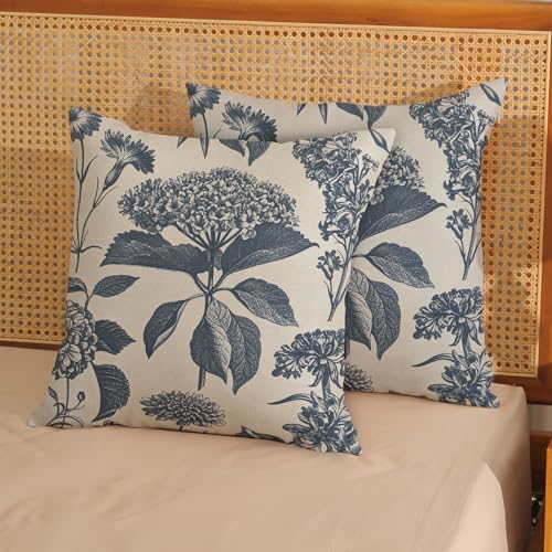 DAFENA Navy Blue Pillow Covers 16x16 Inch 2 Pcs Boho Vintage Floral Decor Throw Pillows Hydrangea Flower Seasonal Outdoor Farmhouse Neutral Accent Decoration Pillowcase Linen Cushion Cover for Couch - Image 3