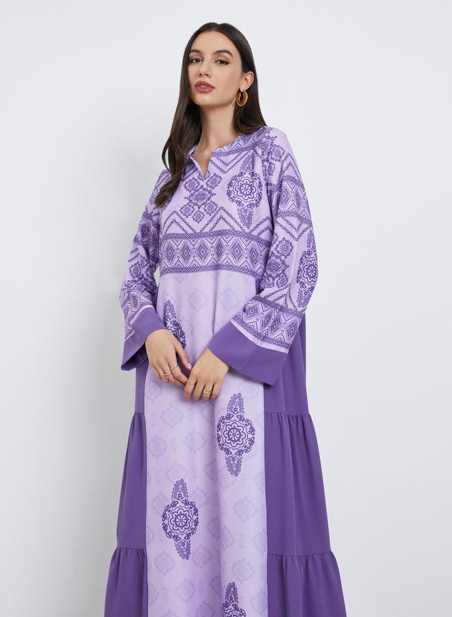 تايك تو جلابية بنفسجية مطبوعة برسومات بطبقات متعددة - Image 2