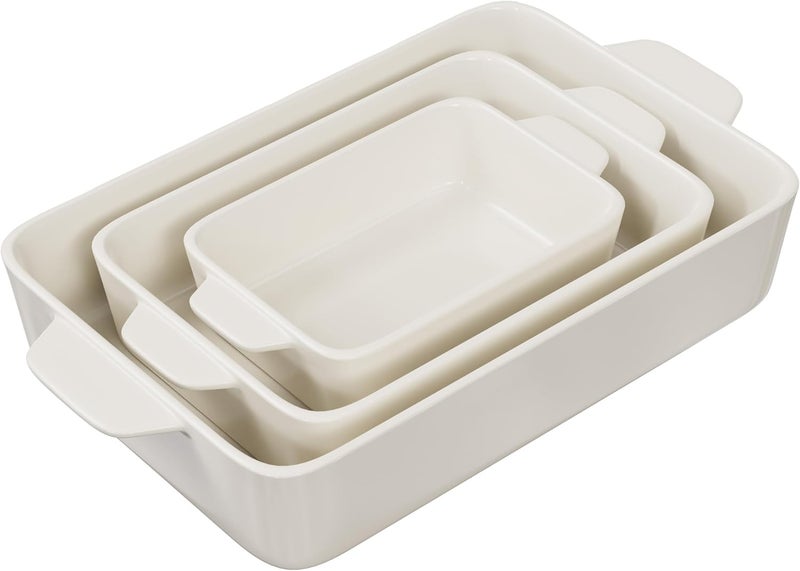 Kook Casserole Dish, Ceramic Baking Dish, Large Lasagna Pan Deep for Oven, 8.5 x 14, 11 x 7, 8 x 5, Set of 3, 92oz, 50oz, 20oz, Baking Pan with Handles, Oven Safe and Durable, Home, Gift, (Cream) - Image 2