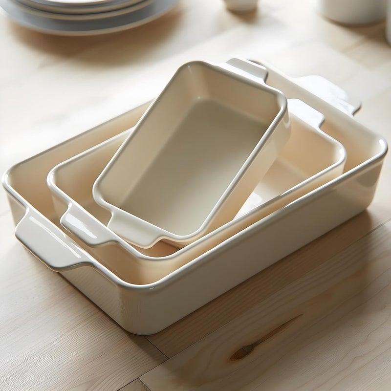 Kook Casserole Dish, Ceramic Baking Dish, Large Lasagna Pan Deep for Oven, 8.5 x 14, 11 x 7, 8 x 5, Set of 3, 92oz, 50oz, 20oz, Baking Pan with Handles, Oven Safe and Durable, Home, Gift, (Cream) - Image 5