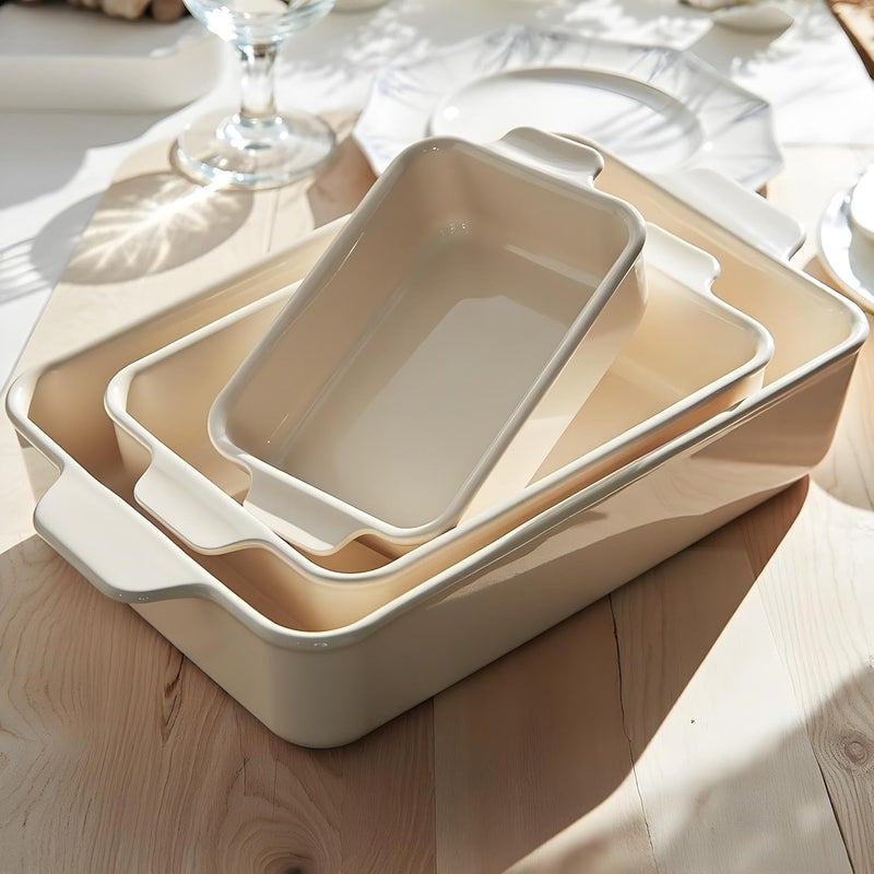 Kook Casserole Dish, Ceramic Baking Dish, Large Lasagna Pan Deep for Oven, 8.5 x 14, 11 x 7, 8 x 5, Set of 3, 92oz, 50oz, 20oz, Baking Pan with Handles, Oven Safe and Durable, Home, Gift, (Cream) - Image 3