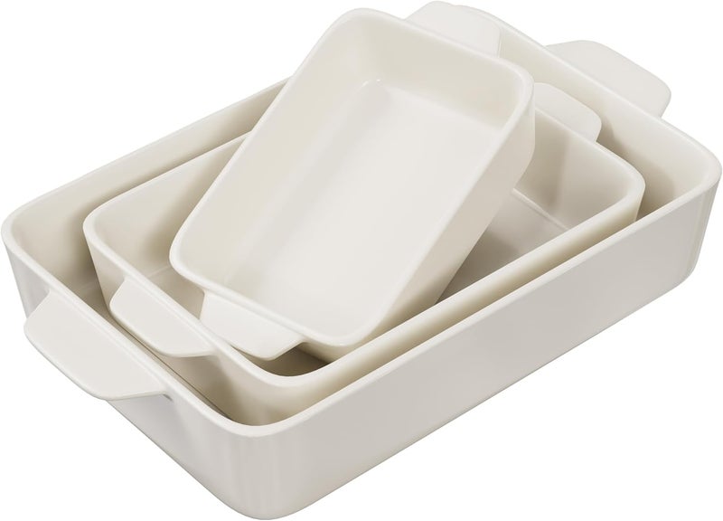 Kook Casserole Dish, Ceramic Baking Dish, Large Lasagna Pan Deep for Oven, 8.5 x 14, 11 x 7, 8 x 5, Set of 3, 92oz, 50oz, 20oz, Baking Pan with Handles, Oven Safe and Durable, Home, Gift, (Cream) - Image 1