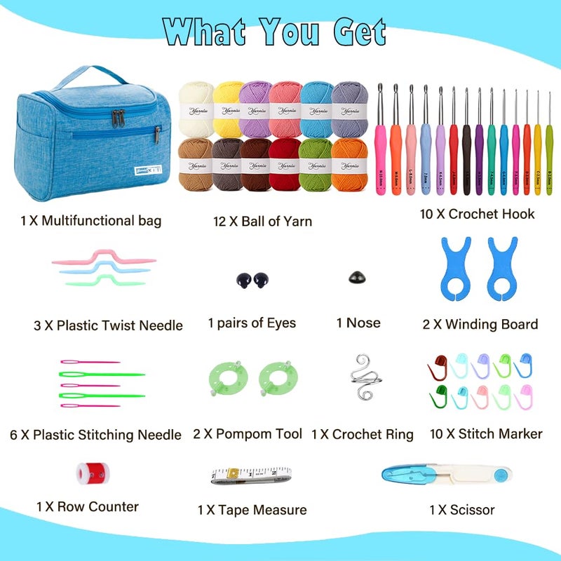 Yarniss Crochet Kits for Beginners - 840 Yards Yarn for Crocheting with 14 Size Hooks 2.0-10.0mm,Learn to Crochet Set with Bag&Accessories,Turquosie - Image 2