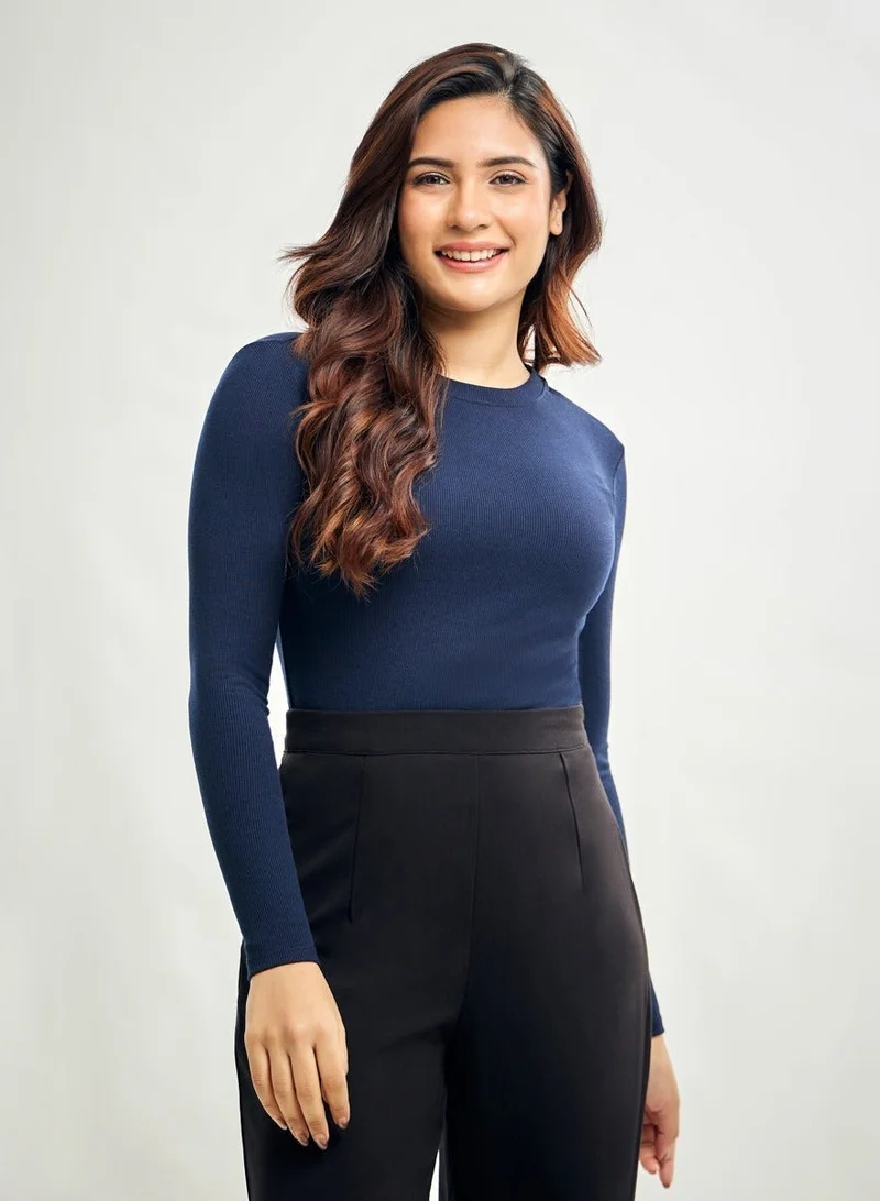 Zigzag Long Sleeve Round Neck Rib Top- Navy Blue