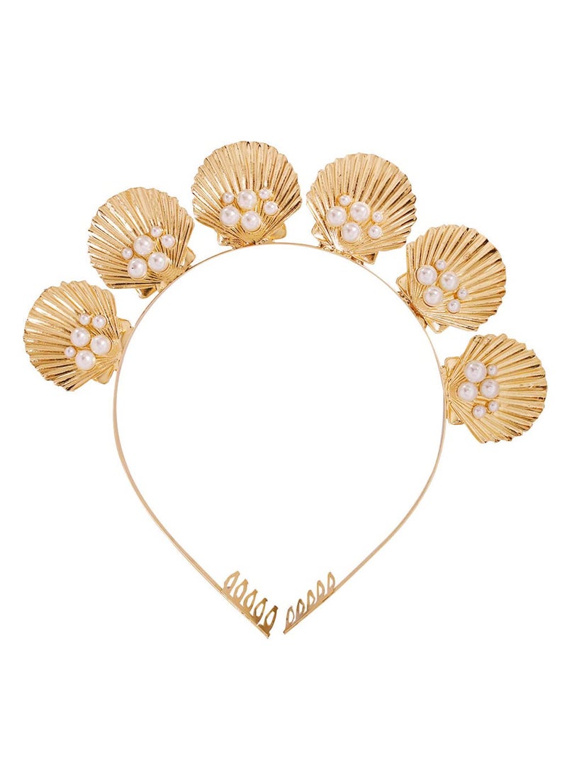 Teensery Teensery 1 Pack Seashell Crown Faux Pearl Embellishment Headband Hair Hoop for Headpiece Girls Women Bridal Party Wedding Gold 