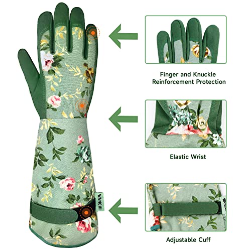 WANCHI Gardening Gloves for Women, Comfortable Floral Long Sleeve Garden Gloves for Gardening and Outdoor Work, Durable Leather Long Gardening Gloves, Great Gift Ideas for Ladies, Green Print (Large) - Image 4