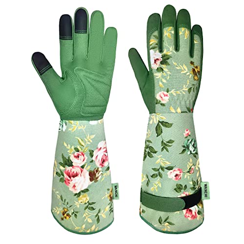 WANCHI Gardening Gloves for Women, Comfortable Floral Long Sleeve Garden Gloves for Gardening and Outdoor Work, Durable Leather Long Gardening Gloves, Great Gift Ideas for Ladies, Green Print (Large) - Image 1