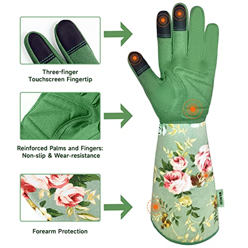 WANCHI Gardening Gloves for Women, Comfortable Floral Long Sleeve Garden Gloves for Gardening and Outdoor Work, Durable Leather Long Gardening Gloves, Great Gift Ideas for Ladies, Green Print (Large) - Image 3
