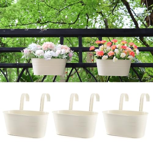 Meltset M Meltset 3 Pack Metal Iron Hanging Flower Pot, Oval Railing Fence Garden Balcony Planter Pots, Metal Bucket Flower Holders for Wall Indoor Outdoor Home Décor, Beige - Image 1
