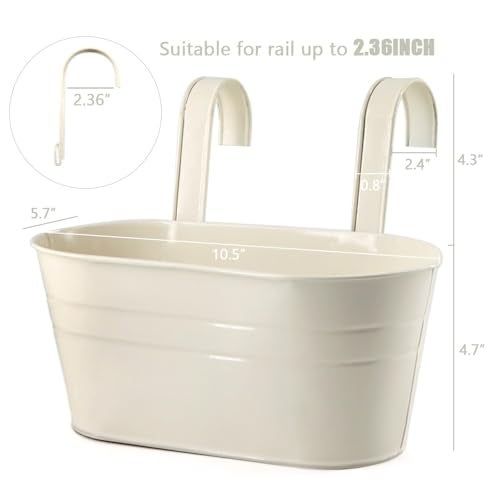 Meltset M Meltset 3 Pack Metal Iron Hanging Flower Pot, Oval Railing Fence Garden Balcony Planter Pots, Metal Bucket Flower Holders for Wall Indoor Outdoor Home Décor, Beige - Image 2
