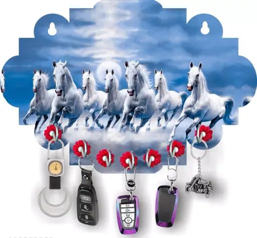 Wooden Key Holder for Home and Office 7 Horse Design Sky Blue 