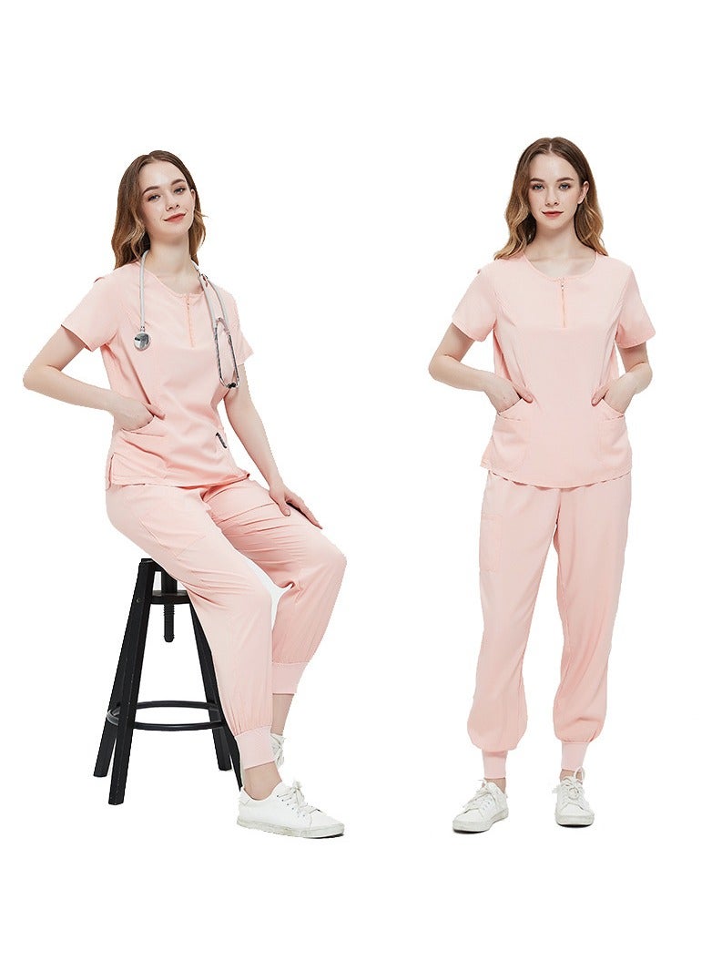Solid V Neck Medical Scrubs Set，Medical Uniform Stretch Contrast Binding Top and Pants - Image 1