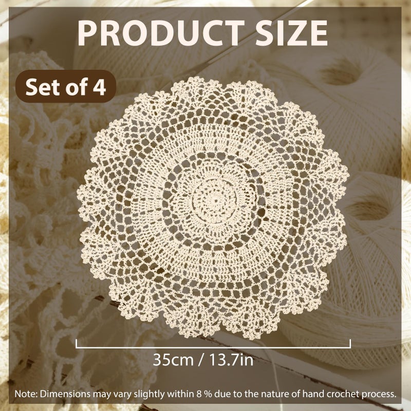 kilofly Crochet Cotton Lace Table Placemats Doilies Value Pack  4pc  Daisy  Beige  13.7 inch - Image 2