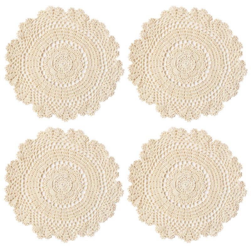 kilofly Crochet Cotton Lace Table Placemats Doilies Value Pack  4pc  Daisy  Beige  13.7 inch - Image 1
