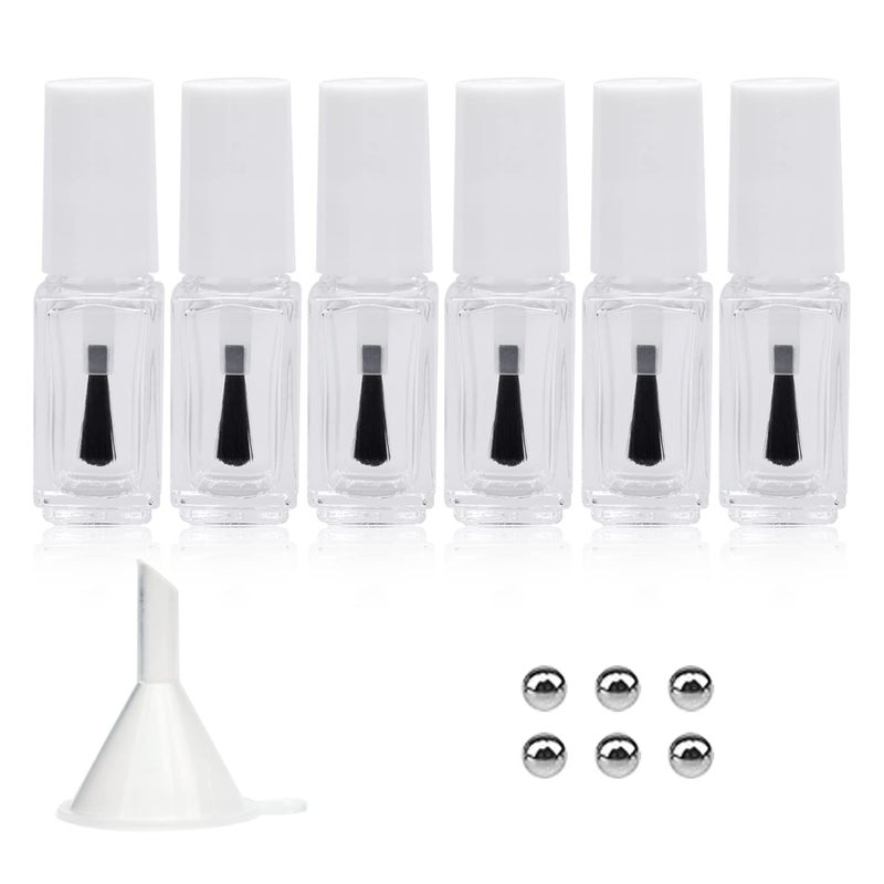 Agidea Empty Nail Polish Bottles with Round Paddle Brush 5ML 6PCS Small Empty Glass Refillable Nail Polish Containers with Mixing Balls Funnels White