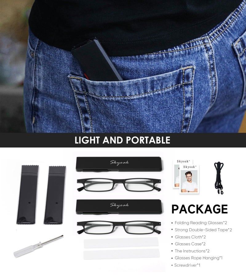 SKYOAK 2 Pack Ultra Thin Lightweight Folding Reading Glasses Women Men TR90 Blue Light Blocking Anti UV/Eyestrain Foldable Compact Computer Readers Portable Unique Stretchable Slim Flat case Black +1.25 - Image 3