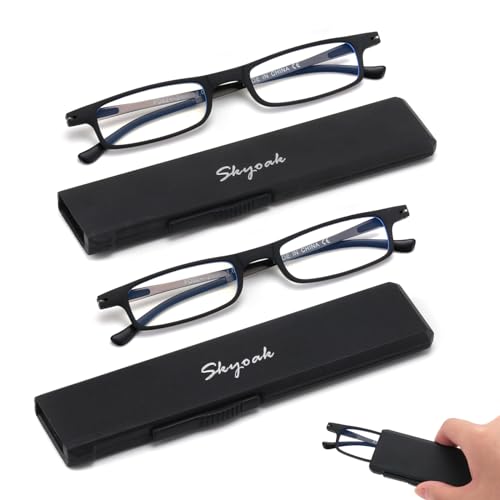 SKYOAK 2 Pack Ultra Thin Lightweight Folding Reading Glasses Women Men TR90 Blue Light Blocking Anti UV/Eyestrain Foldable Compact Computer Readers Portable Unique Stretchable Slim Flat case Black +1.25 - Image 1