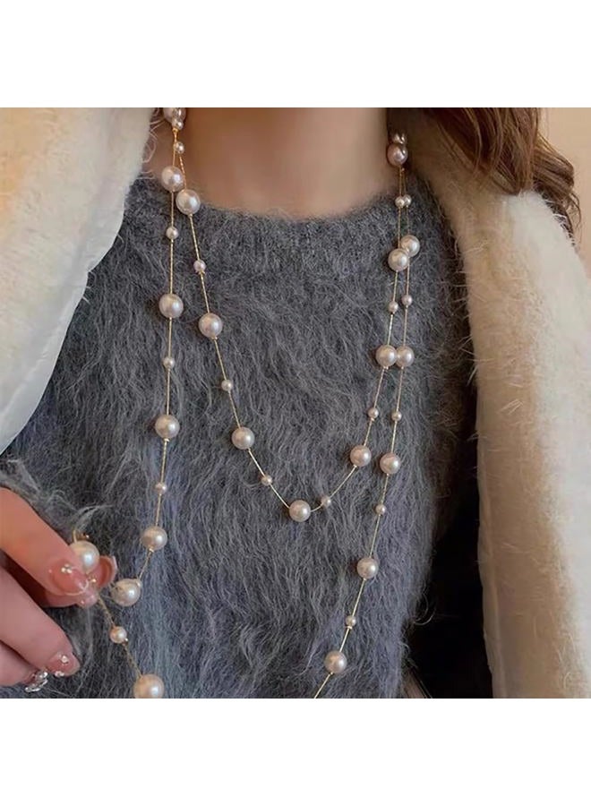 Cykdohy Pearl Layered Strand Necklaces for Women Dainty Fashion Long Imitation Pearls Beads Multiple Strands Chain Layer Choker Necklace Elegant Statement Charm Winter Sweater Vintage Wedding Party Costume - Image 5